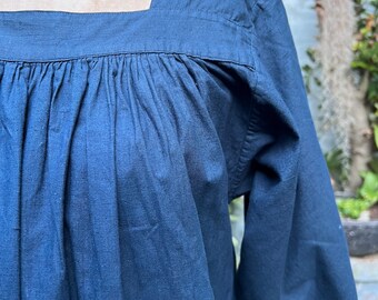 Vintage French Cotton Smock Lace Trim Navy Blue Medium