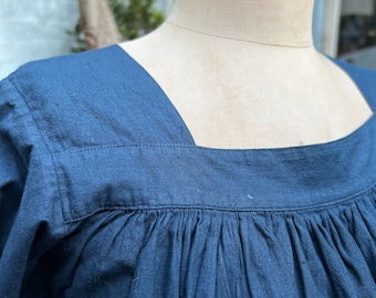 Vintage French Cotton Smock Lace Trim Navy Blue Small