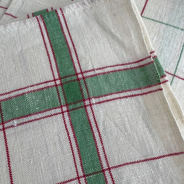 Vintage French Linen Torchon / Tea Towel - Red & Green checks