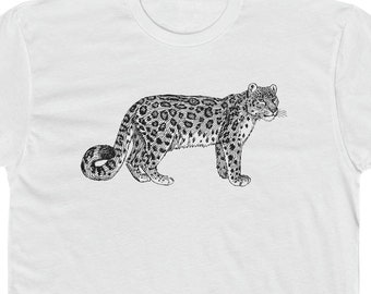 May include: A white t-shirt with a black and white illustration of a snow leopard.