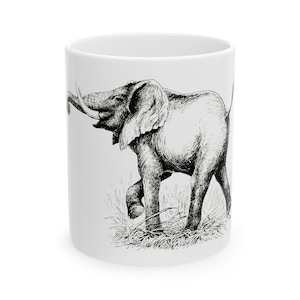 Happy Elephant Coffee Mug, Novelty Mug, Elephant Gift, White Ceramic Mug featuring a cute drawing of a Elephant