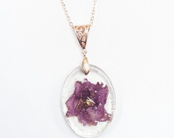 African Violet Real Presed Flower / Resin Necklace Pendant / UV Resin Preserved Dried African Violet / "Jeanette" Red Dried Flower Jewelry