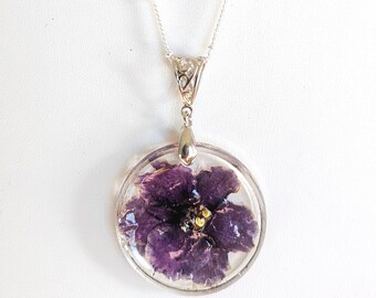 African Violet Real Pressed Flower / Necklace Pendant Jewelry / UV Resin Preserved Dried African Violet / Jeanette Dried Flower Jewelry