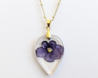 African Violet Real Pressed Flower / Necklace Pendant Jewelry / UV Resin Preserved Dried African Violet / " Inner Strength " Dried Flower