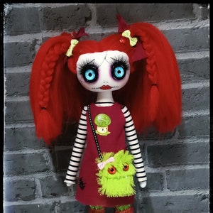 Rose the naughty rebel with monster bag , handmade decoration,dark doll,creepy and cute doll,little rebel