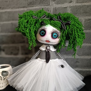 Baby girl,inspired by movie Beetlejuice.creepy art doll with button eyes. Gothic art unique doll, rag doll, movie doll, emo dark doll,