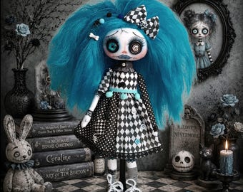 Collectible Art doll , handmade creepy cute gothic decor,spooky doll,black and white dres,clown doll,halloween, ooak rag doll ,