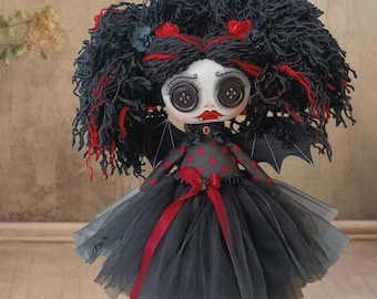 Vampire decor art doll, gothic dark doll,spooky cute collectible doll, textile button eyes Ooak doll
