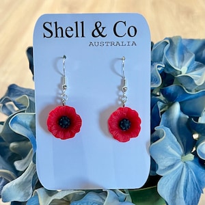 Pendientes colgantes de amapola roja: pendientes florales de gancho con gancho plateado