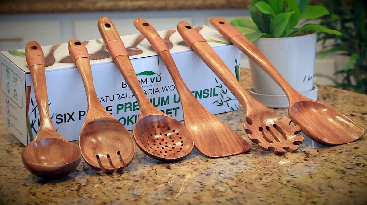6pcs Wooden Kitchen Utensils Set Non-stick Slotted Spatula Spoon With Long  Handle Cookware Cooking Tools For Pasta Salad Soup