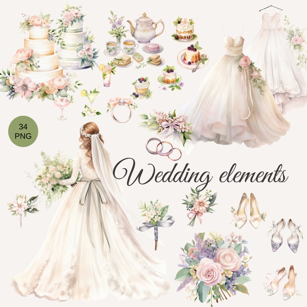 Watercolor Wedding element for bride,dress,Wedding cake,Flower bouquet clipart,Transparent background,Comercial use