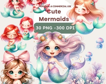 Paquete de imágenes prediseñadas de sirenas en acuarela, conjunto de imágenes prediseñadas de sirenas, lindas sirenas PNG, lindos animales marinos, imágenes prediseñadas de vida marina