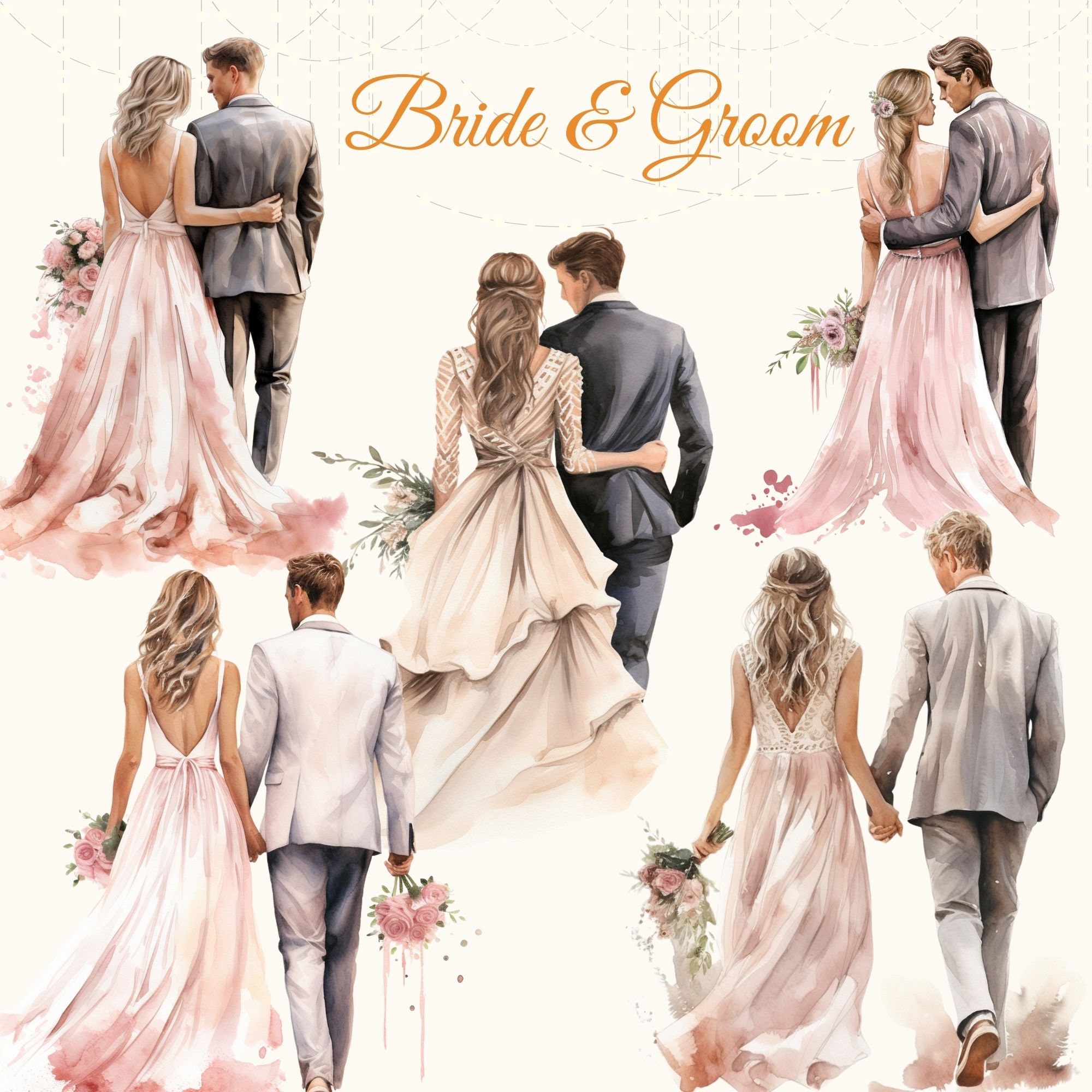 Back Bride and Groom Watercolor Cliparts, Wedding PNG ,marriage Clipart ...