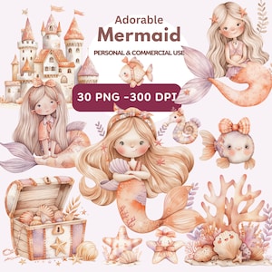 Adorable Mermaids and Treasure Clipart,Watercolor Mermaid Clipart Bundle,  Cute Mermaids PNG, Cute Sea Animals, Sea Life Clipart