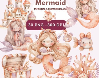 Schattige zeemeerminnen en schatten clipart, aquarel zeemeermin clipartbundel, schattige zeemeerminnen png, schattige zeedieren, zeeleven clipart