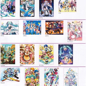 May include: A collage of 12 colorful illustrations featuring a popular Japanese virtual singer. Each illustration features the singer in a different outfit and setting. The singer is depicted in various poses, including singing, dancing, and posing with other characters.
