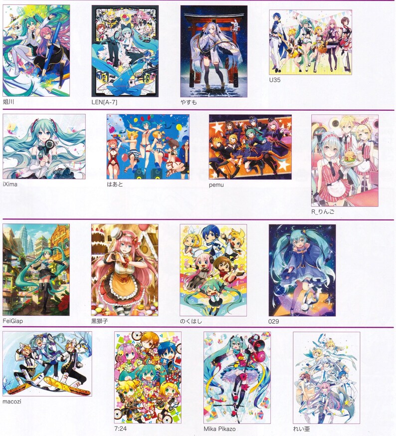 May include: A collage of 12 colorful illustrations featuring a popular Japanese virtual singer. Each illustration features the singer in a different outfit and setting. The singer is depicted in various poses, including singing, dancing, and posing with other characters.