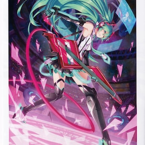 May include: A digital illustration of a female anime character with long green hair playing a red electric guitar. The character is wearing a black and white outfit with a green skirt and black boots. The background is a pink and purple stage with glowing lights.
