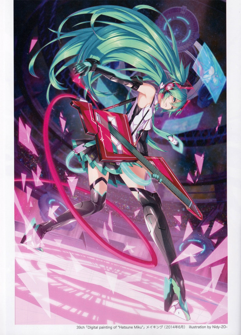 May include: A digital illustration of a female anime character with long green hair playing a red electric guitar. The character is wearing a black and white outfit with a green skirt and black boots. The background is a pink and purple stage with glowing lights.