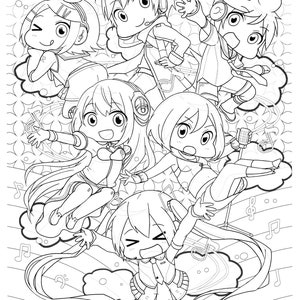 May include: Black and white line art illustration of five anime characters with large eyes and colorful hair. The characters are singing and dancing with musical notes around them.