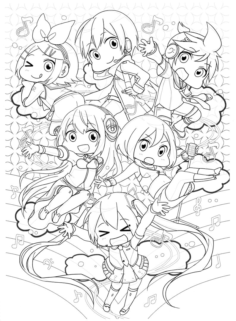May include: Black and white line art illustration of five anime characters with large eyes and colorful hair. The characters are singing and dancing with musical notes around them.