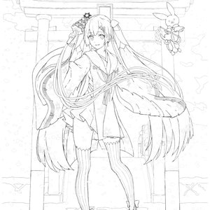 May include: A black and white line drawing of a woman with long hair wearing a traditional Japanese kimono standing in front of a torii gate. The woman is holding a flower in her hand and there is snow falling around her.