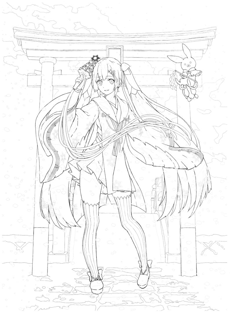 May include: A black and white line drawing of a woman with long hair wearing a traditional Japanese kimono standing in front of a torii gate. The woman is holding a flower in her hand and there is snow falling around her.