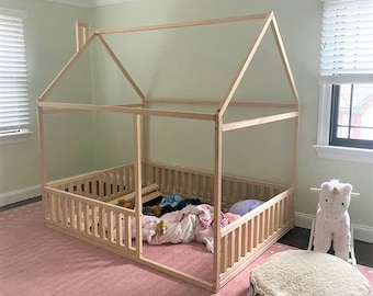 Montessori Full Size Bed Plan: DIY Wood House Bed with Fence (Download PDF)