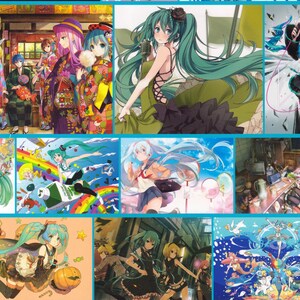 May include: A collage of images featuring a popular Japanese virtual singer, Hatsune Miku. The images depict Miku in various outfits and settings, including a traditional Japanese kimono, a casual outfit, and a concert stage. The images are colorful and vibrant, showcasing Miku's popularity and versatility.