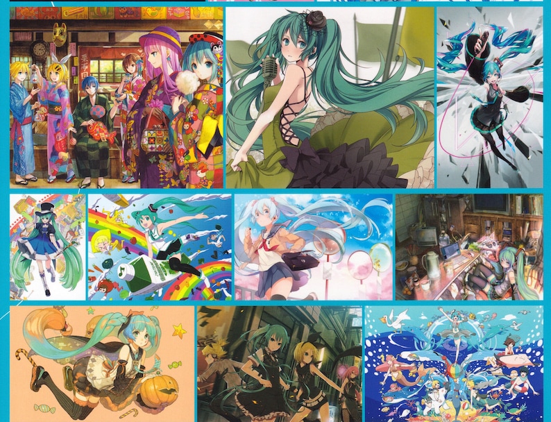 May include: A collage of images featuring a popular Japanese virtual singer, Hatsune Miku. The images depict Miku in various outfits and settings, including a traditional Japanese kimono, a casual outfit, and a concert stage. The images are colorful and vibrant, showcasing Miku's popularity and versatility.