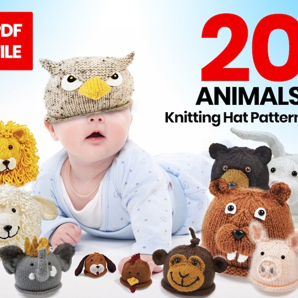 Neugeborenen Baby Animal Mützen Strickanleitungen, Animal Friends Strickanleitung für Bär Fuchs Eule Schwein Fuchs, Jungen Mütze, Mädchen Mütze 3 Größen PDF Download