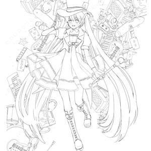 May include: A black and white line drawing of a female anime character wearing a hat and a dress. She is surrounded by musical instruments, including a guitar, a drum set, and a keyboard.