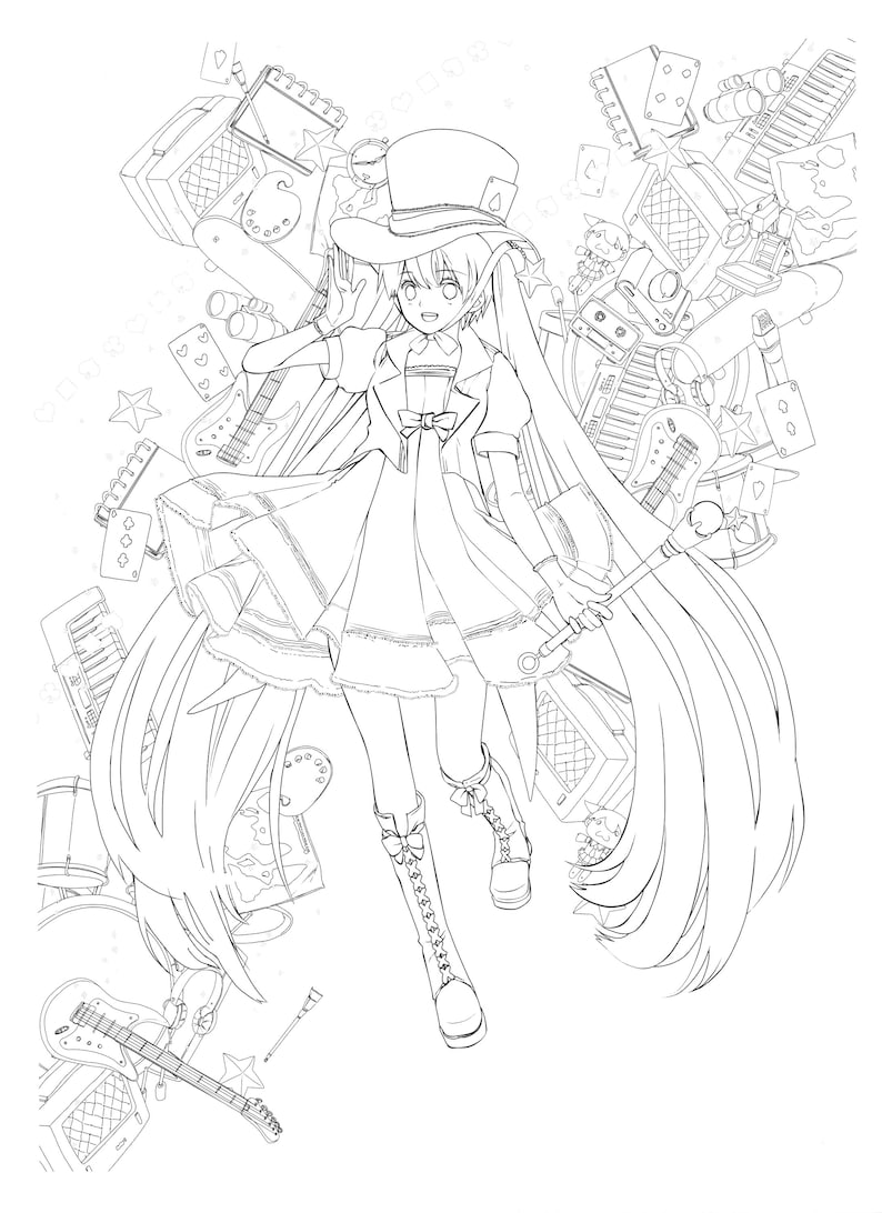 May include: A black and white line drawing of a female anime character wearing a hat and a dress. She is surrounded by musical instruments, including a guitar, a drum set, and a keyboard.