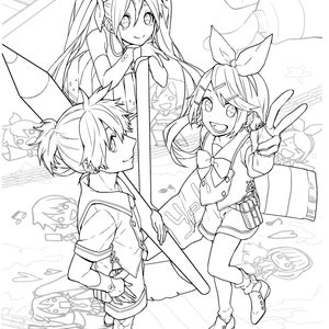May include: A black and white line drawing of three anime characters. The characters are a girl with long hair, a girl with short hair, and a boy with short hair. The characters are all smiling and appear to be in a playful mood. The drawing is set against a background of musical notes and other abstract designs.