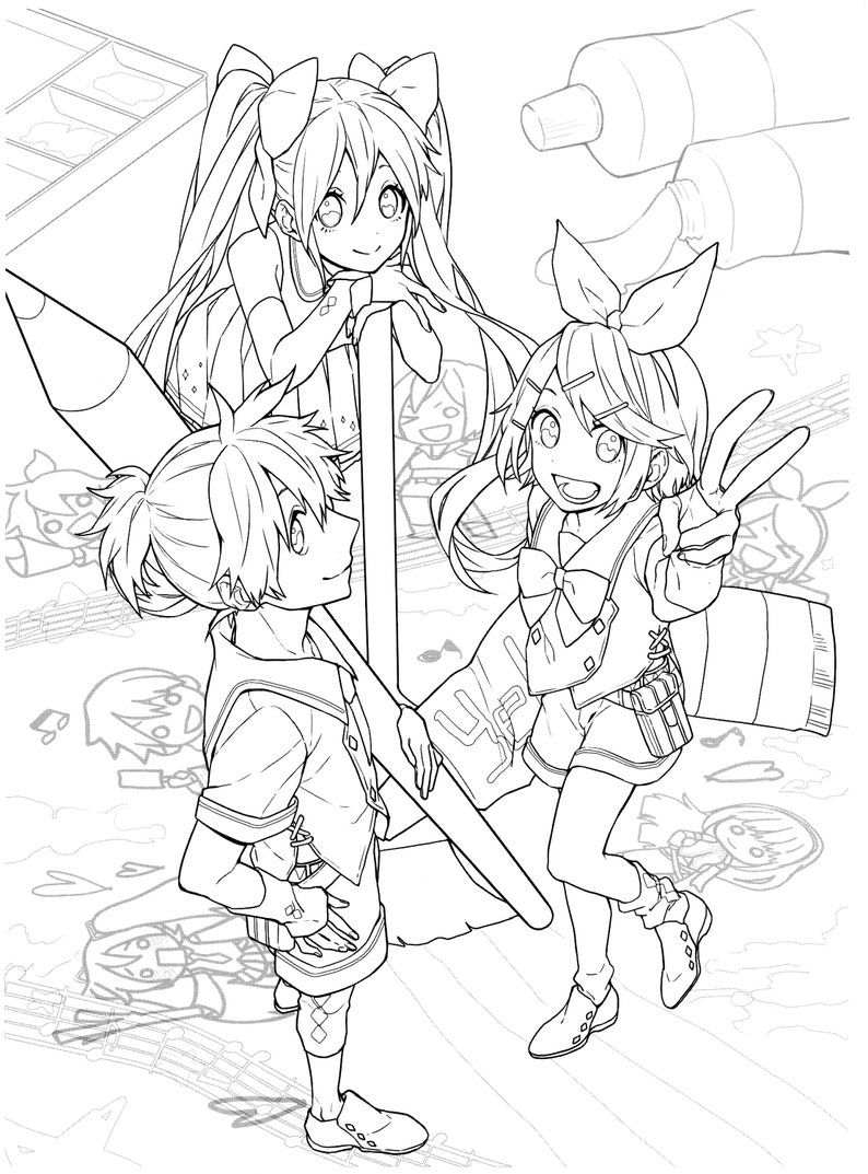 May include: A black and white line drawing of three anime characters. The characters are a girl with long hair, a girl with short hair, and a boy with short hair. The characters are all smiling and appear to be in a playful mood. The drawing is set against a background of musical notes and other abstract designs.