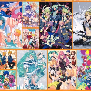 May include: A collage of colorful illustrations featuring anime-style characters. The characters are depicted in various poses and settings, including a beach scene, a winter wonderland, and a stage performance. The illustrations are vibrant and detailed, showcasing the artist's skill and creativity.