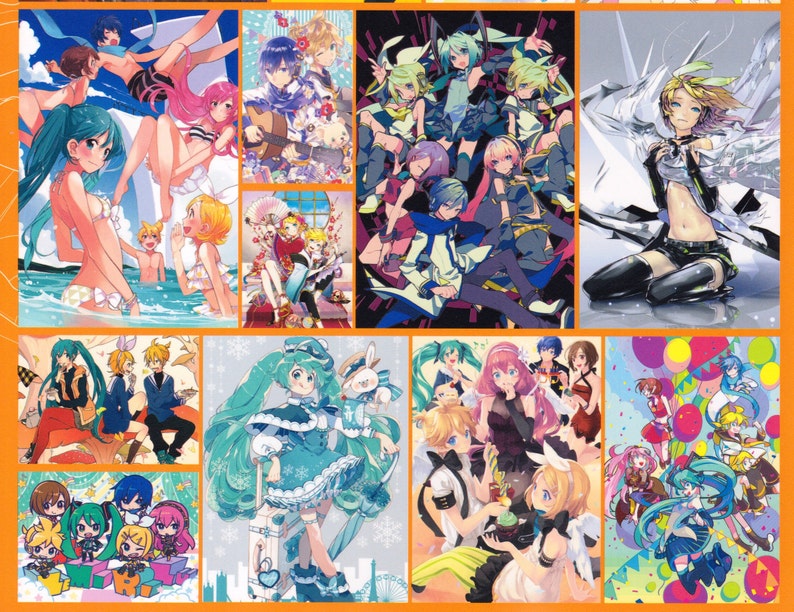 May include: A collage of colorful illustrations featuring anime-style characters. The characters are depicted in various poses and settings, including a beach scene, a winter wonderland, and a stage performance. The illustrations are vibrant and detailed, showcasing the artist's skill and creativity.