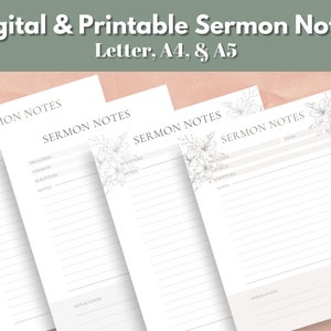 Könnte beinhalten: Vier druckbare Predigtnotizvorlagen mit floralen Designs. Jede Vorlage enthält Abschnitte für die Schrift, Notizen, den Prediger, die Kirche, das Datum und die Anwendung.