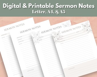 Printable and Digital Sermon Note Sheets, Letter, A4, & A5 Church Sermon Notes in Beige and Gray