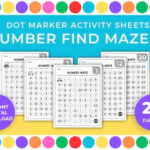 May include: A set of 20 printable dot marker activity sheets for kids. The sheets feature number find mazes with a variety of numbers and designs. The sheets are black and white and have a fun, educational theme.