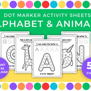 Alfabetos imprimibles con marcadores de puntos y actividades con marcadores de puntos de animales para preescolar y jardín de infantes Reconocimiento de letras imprimibles