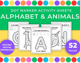 May include: A set of 52 printable dot marker activity sheets for kids featuring the alphabet and animals. The sheets include letters G, A, and N, as well as a snail, giraffe, narwhal, and other animals.