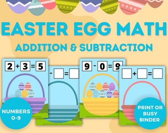 Easter Math Addition and Easter Math Subtraction Printables with Easter Eggs for Easter Elementary Activity and Spring Busy Books
