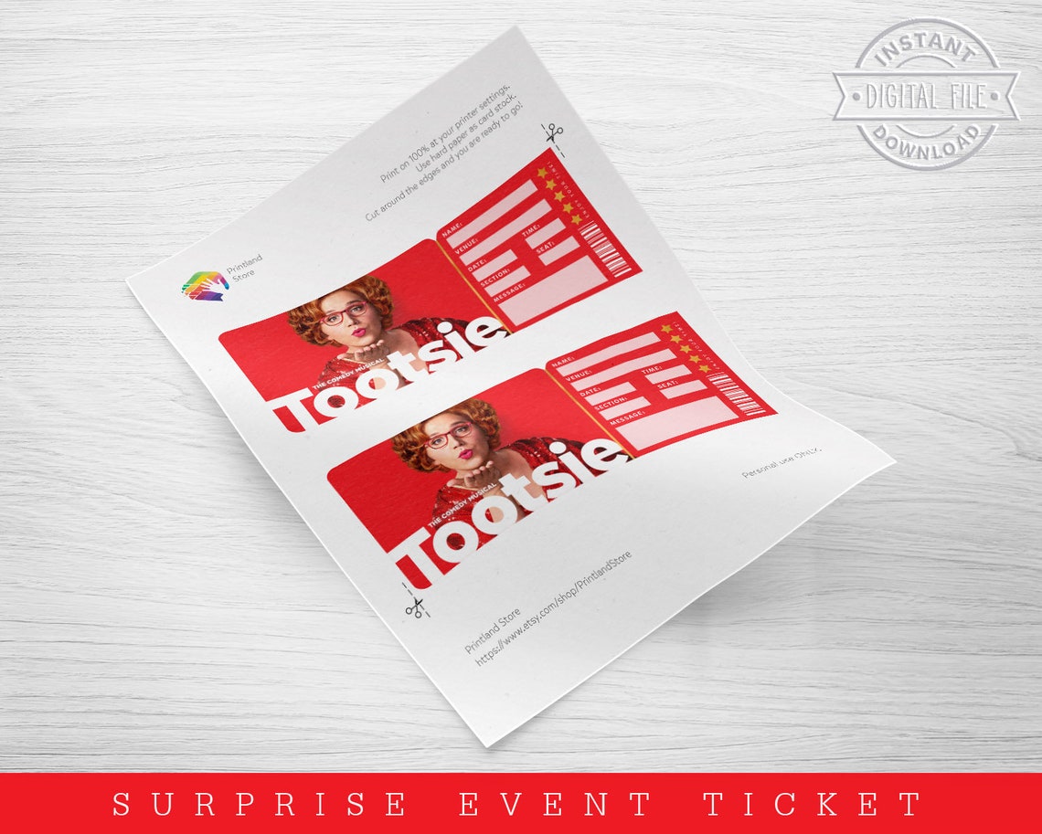 Printable Tootsie Broadway Surprise Ticket Tootsie the Etsy