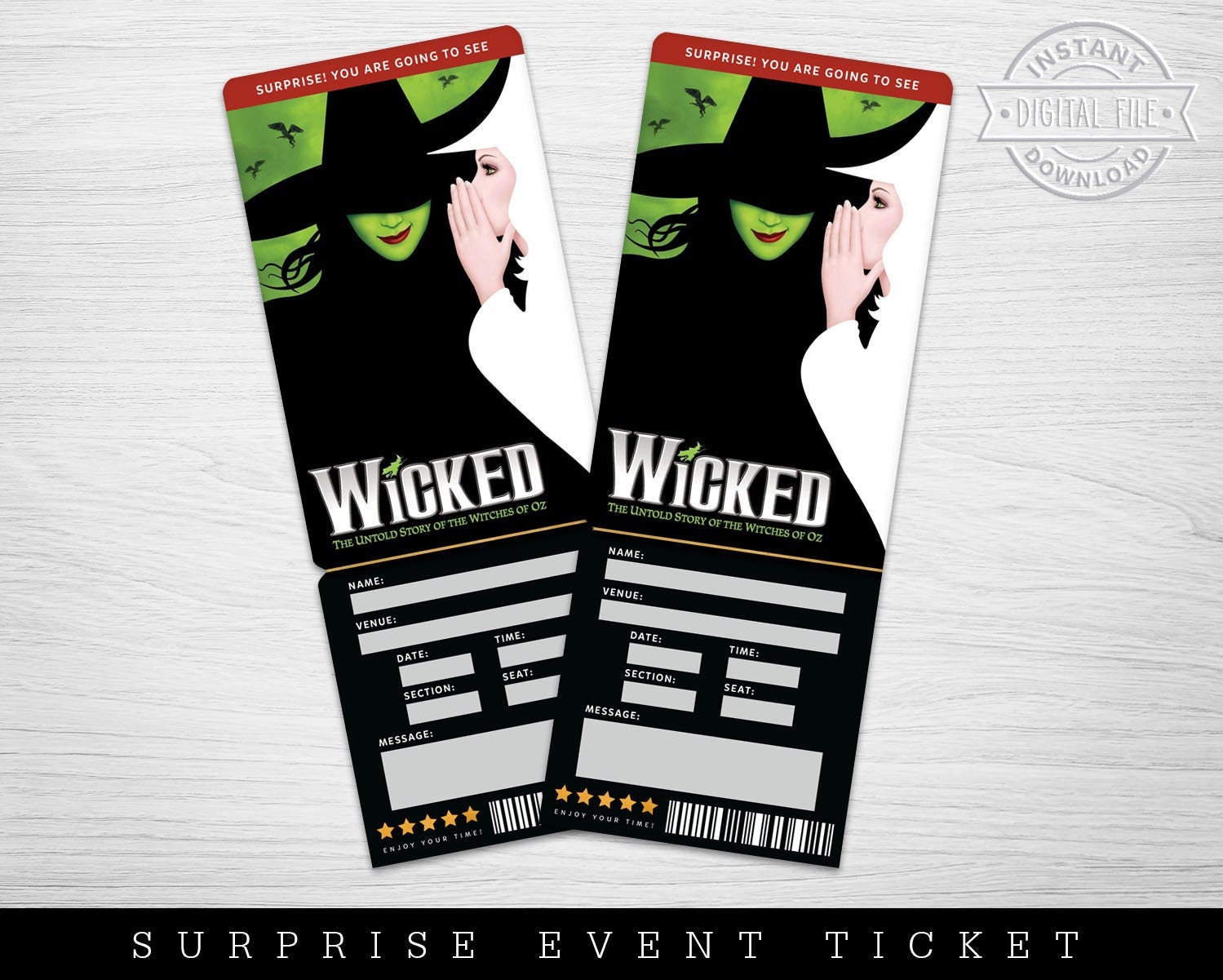 Printable Wicked Broadway Surprise Ticket Wicked Musical Etsy