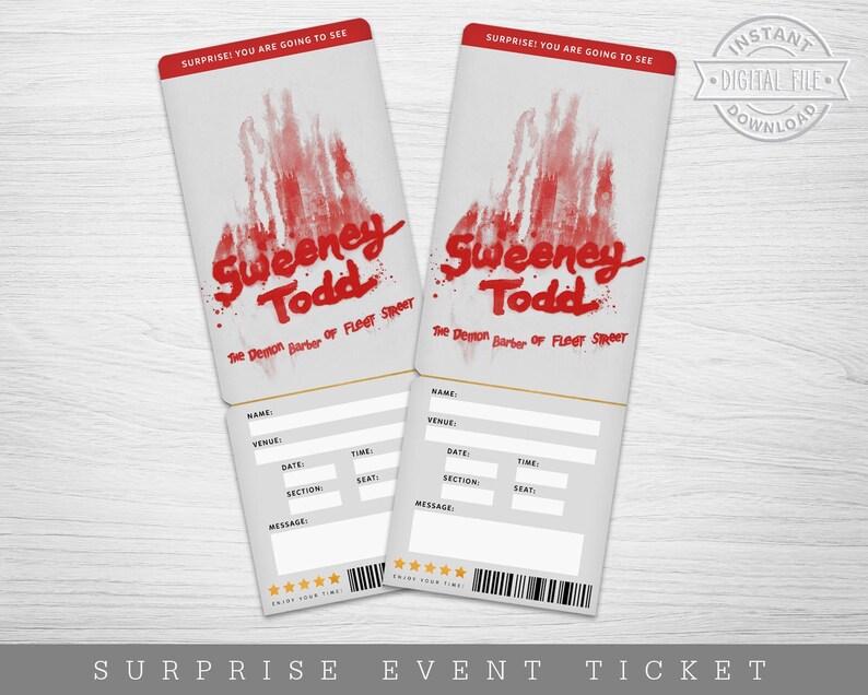 Printable Sweeney Todd Broadway Surprise Ticket Musical Etsy