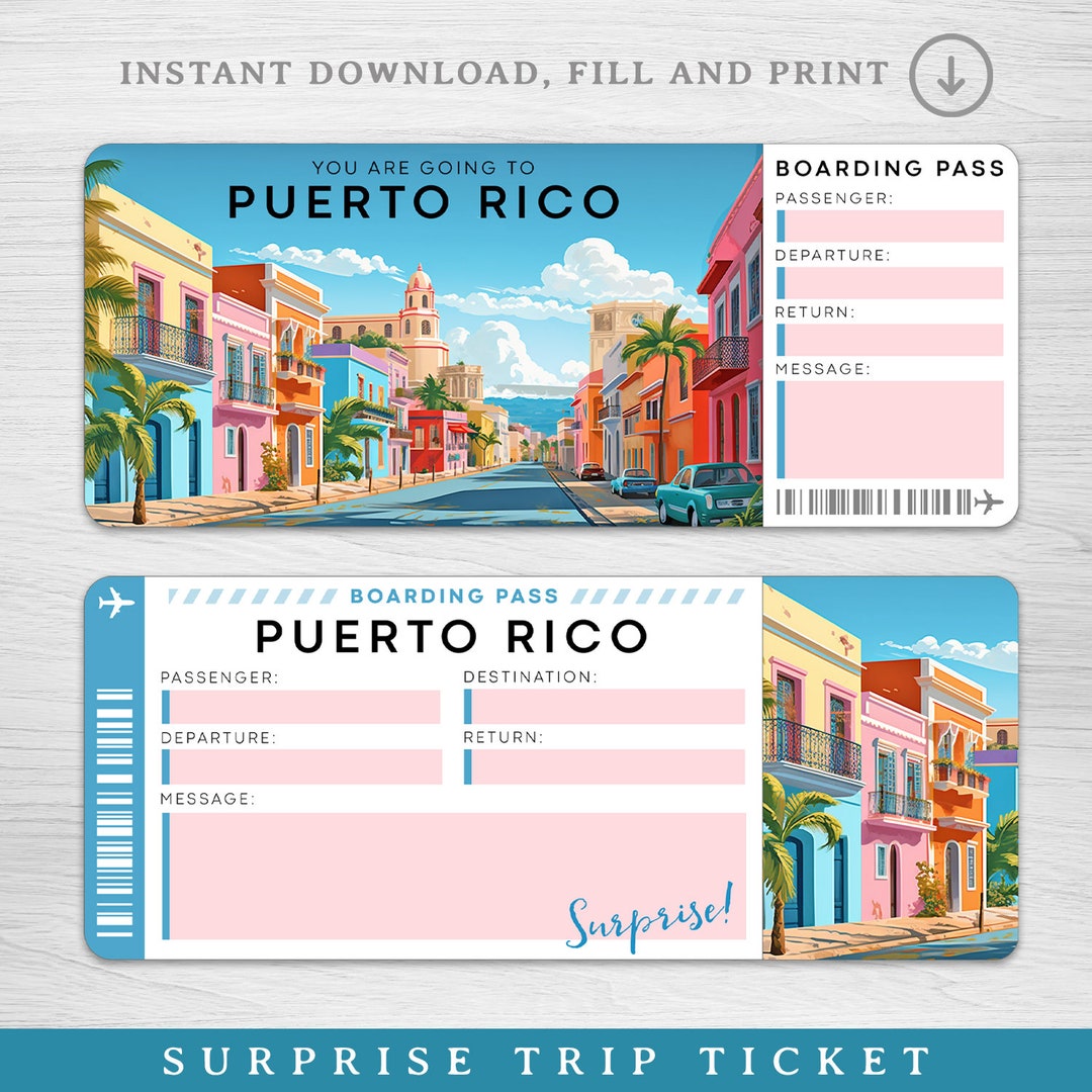 Digital PUERTO RICO Surprise Trip Gift Ticket, Caribbean Trip Boarding