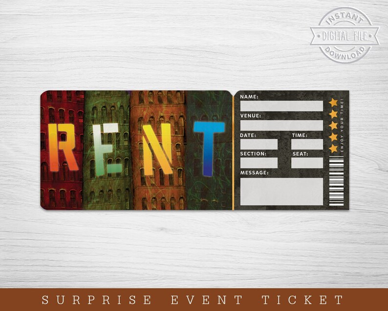 Printable RENT Broadway Surprise Ticket RENT the Musical Etsy