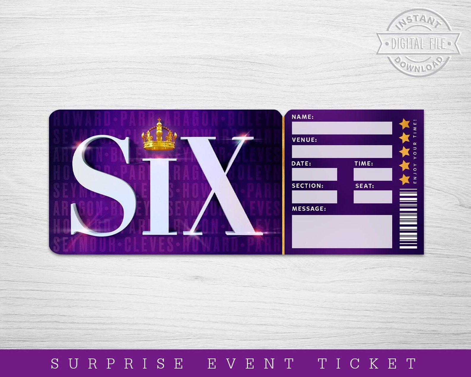 Printable Six Broadway Surprise Ticket Six Musical Etsy UK