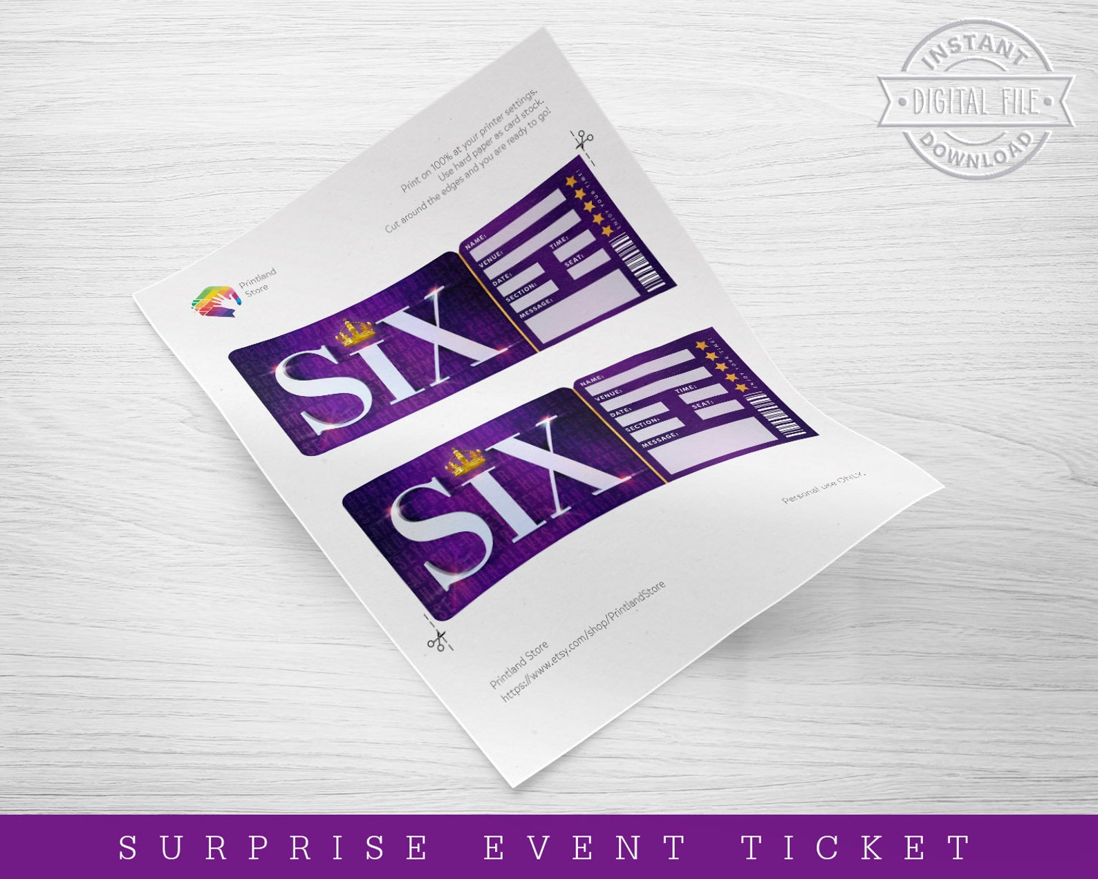 Printable Six Broadway Surprise Ticket Six Musical Etsy UK